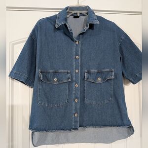 Lisa Bayne Denim Short Sleeve Boho Cottagcore Button Down Shirt